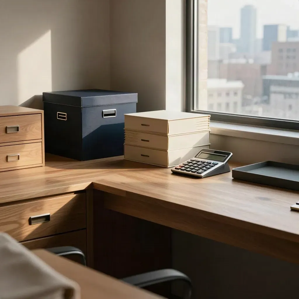 Organized startup finance corner by a Toronto window with archived boxes and drawers