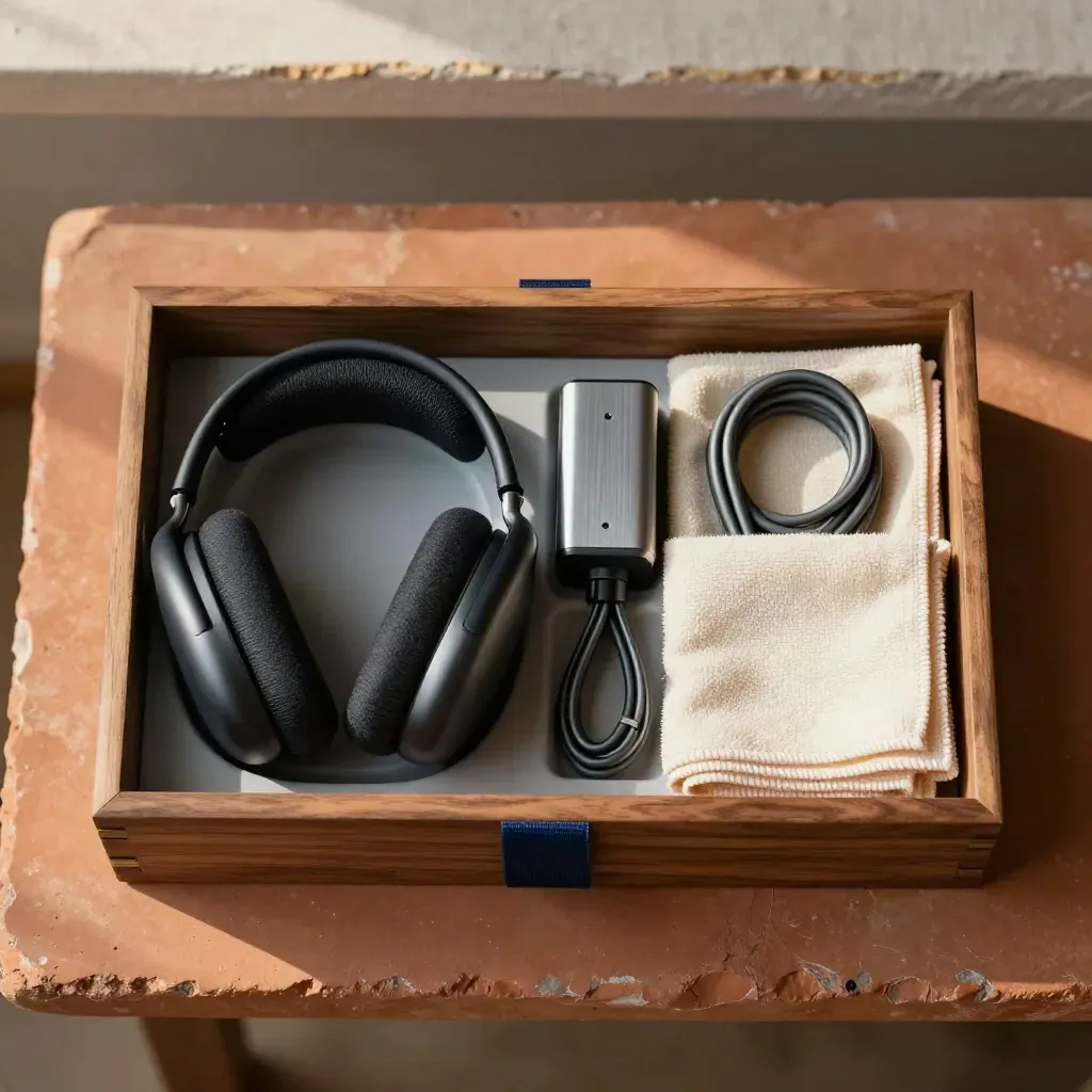 Top-down headset backup kit with cushions, charger puck, cable coil and microfiber cloth on rustic wood.