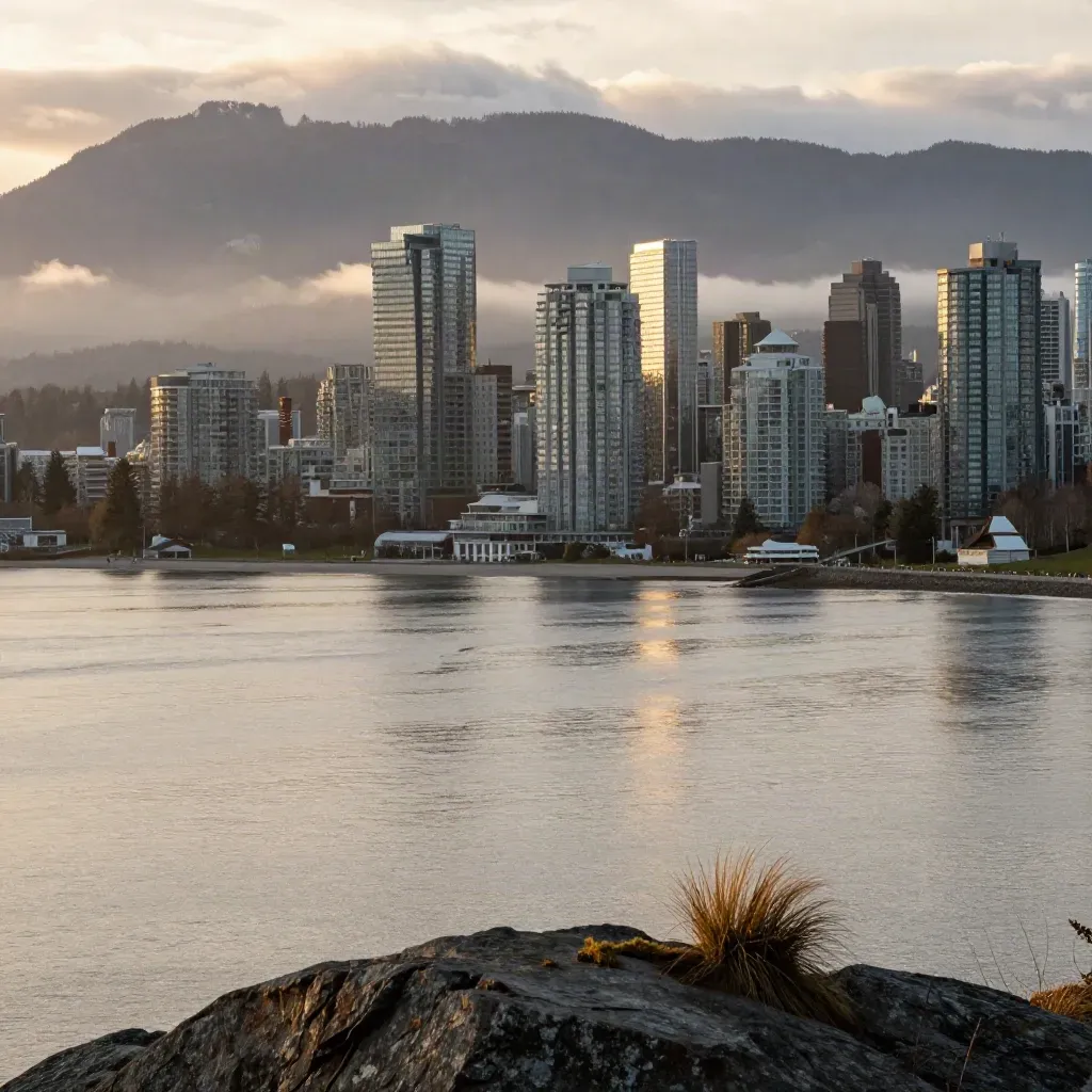 Vancouver skyline and North Shore mountains above calm inlet water at golden hour.